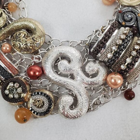 Lucia Multi-strand Metal, Pearl, Rhinestone Chunky Choker Necklace - Picture 3 of 7